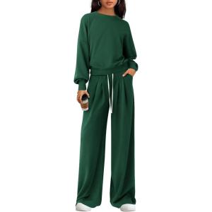 PRETTYGARDEN Womens 2 Piece Sets Long Sleeve Sweatshirt Wide Leg Pants Loose Matching Lounge Set Trendy Fall Outfits(Dark Green)