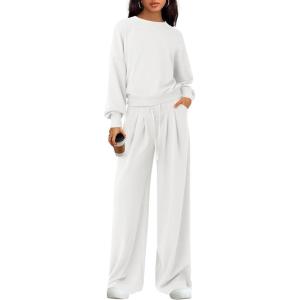 PRETTYGARDEN Womens 2 Piece Sets Long Sleeve Sweatshirt Wide Leg Pants Loose Matching Lounge Set Trendy Fall Outfits(White)