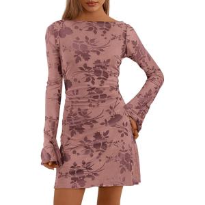 PRETTYGARDEN Women’s 2026 Fall Fashion Floral Long Sleeve Mini Dress Mesh Bodycon Short Party Date Night Going Out Dresses(Dusty Pink)