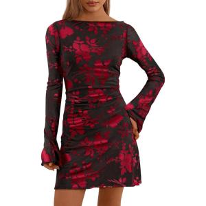 PRETTYGARDEN Women’s 2026 Fall Fashion Floral Long Sleeve Mini Dress Mesh Bodycon Short Party Date Night Going Out Dresses(Floral Black Red)