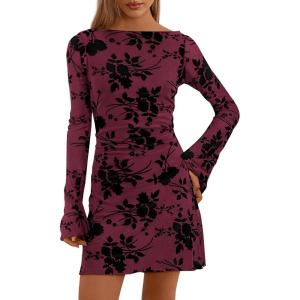 PRETTYGARDEN Women’s 2026 Fall Fashion Floral Long Sleeve Mini Dress Mesh Bodycon Short Party Date Night Going Out Dresses(Red)