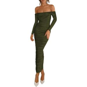 PRETTYGARDEN Womens 2026 Fall Long Sleeve Maxi Dress Off Shoulder Mesh Ruched Bodycon Trendy Long Wedding Guest Dresses(Army Green)