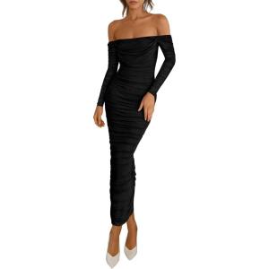 PRETTYGARDEN Womens 2026 Fall Long Sleeve Maxi Dress Off Shoulder Mesh Ruched Bodycon Trendy Long Wedding Guest Dresses(Black)