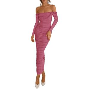 PRETTYGARDEN Womens 2026 Fall Long Sleeve Maxi Dress Off Shoulder Mesh Ruched Bodycon Trendy Long Wedding Guest Dresses(Dark Pink)