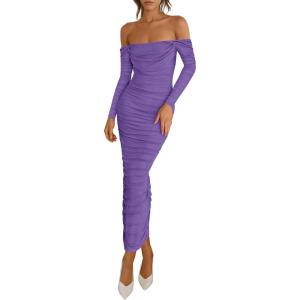 PRETTYGARDEN Womens 2026 Fall Long Sleeve Maxi Dress Off Shoulder Mesh Ruched Bodycon Trendy Long Wedding Guest Dresses(Grey Purple)