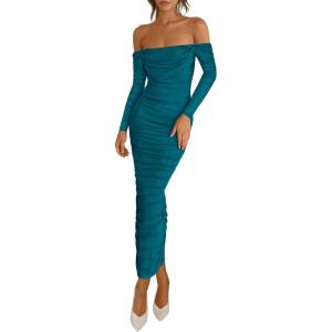 PRETTYGARDEN Womens 2026 Fall Long Sleeve Maxi Dress Off Shoulder Mesh Ruched Bodycon Trendy Long Wedding Guest Dresses(Lake Blue)
