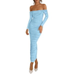 PRETTYGARDEN Womens 2026 Fall Long Sleeve Maxi Dress Off Shoulder Mesh Ruched Bodycon Trendy Long Wedding Guest Dresses(Light Blue)