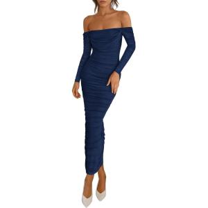 PRETTYGARDEN Womens 2026 Fall Long Sleeve Maxi Dress Off Shoulder Mesh Ruched Bodycon Trendy Long Wedding Guest Dresses(Navy Blue)