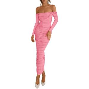 PRETTYGARDEN Womens 2026 Fall Long Sleeve Maxi Dress Off Shoulder Mesh Ruched Bodycon Trendy Long Wedding Guest Dresses(Pink)