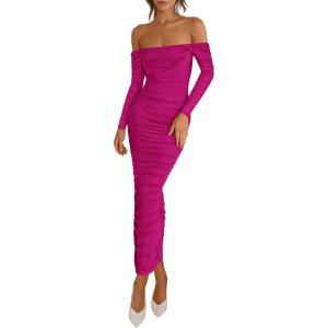 PRETTYGARDEN Womens 2026 Fall Long Sleeve Maxi Dress Off Shoulder Mesh Ruched Bodycon Trendy Long Wedding Guest Dresses(Rose Red)