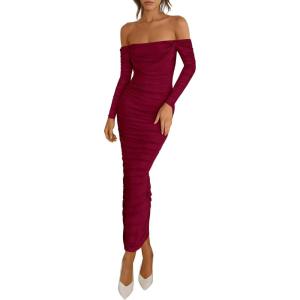 PRETTYGARDEN Womens 2026 Fall Long Sleeve Maxi Dress Off Shoulder Mesh Ruched Bodycon Trendy Long Wedding Guest Dresses(Wine Red)