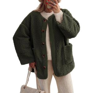 PRETTYGARDEN Women’s 2026 Winter Coats Long Sleeve Button up Fuzzy Sherpa Fleece Jackets Outerwear Fall Fashion Clothes(Army Green)