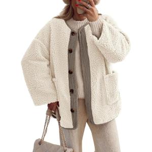 PRETTYGARDEN Women’s 2026 Winter Coats Long Sleeve Button up Fuzzy Sherpa Fleece Jackets Outerwear Fall Fashion Clothes(Beige)