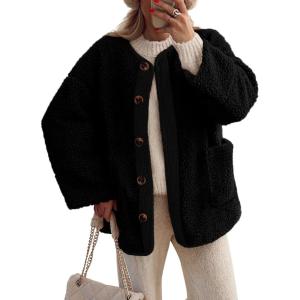 PRETTYGARDEN Women’s 2026 Winter Coats Long Sleeve Button up Fuzzy Sherpa Fleece Jackets Outerwear Fall Fashion Clothes(Black)