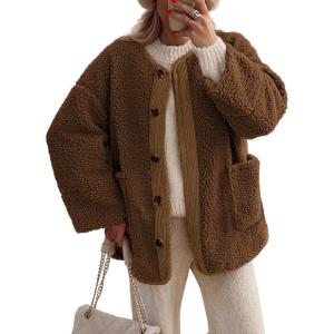 PRETTYGARDEN Women’s 2026 Winter Coats Long Sleeve Button up Fuzzy Sherpa Fleece Jackets Outerwear Fall Fashion Clothes(Brown)