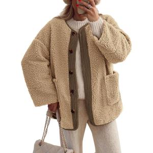 PRETTYGARDEN Women’s 2026 Winter Coats Long Sleeve Button up Fuzzy Sherpa Fleece Jackets Outerwear Fall Fashion Clothes(Khaki)