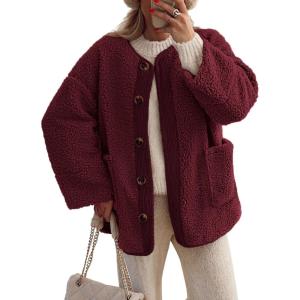 PRETTYGARDEN Women’s 2026 Winter Coats Long Sleeve Button up Fuzzy Sherpa Fleece Jackets Outerwear Fall Fashion Clothes(Wine Red)