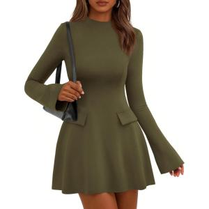 PRETTYGARDEN Women’s Elegant Holiday Short Dress 2026 Fall Bell Long Sleeve Mock Neck Work Business Casual Party Mini Dress(Army Green)