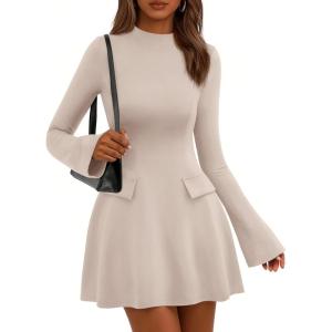 PRETTYGARDEN Women’s Elegant Holiday Short Dress 2026 Fall Bell Long Sleeve Mock Neck Work Business Casual Party Mini Dress(Beige Apricot)