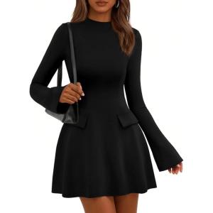PRETTYGARDEN Women’s Elegant Holiday Short Dress 2026 Fall Bell Long Sleeve Mock Neck Work Business Casual Party Mini Dress(Black)