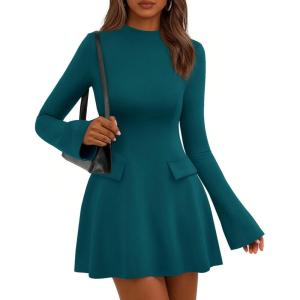 PRETTYGARDEN Women’s Elegant Holiday Short Dress 2026 Fall Bell Long Sleeve Mock Neck Work Business Casual Party Mini Dress(Blue Green)