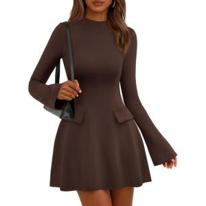 PRETTYGARDEN Women’s Elegant Holiday Short Dress 2026 Fall Bell Long Sleeve Mock Neck Work Business Casual Party Mini Dress(Brown)