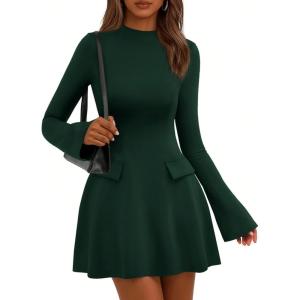PRETTYGARDEN Women’s Elegant Holiday Short Dress 2026 Fall Bell Long Sleeve Mock Neck Work Business Casual Party Mini Dress(Dark Green)