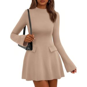 PRETTYGARDEN Women’s Elegant Holiday Short Dress 2026 Fall Bell Long Sleeve Mock Neck Work Business Casual Party Mini Dress(Khaki)