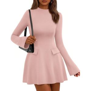 PRETTYGARDEN Women’s Elegant Holiday Short Dress 2026 Fall Bell Long Sleeve Mock Neck Work Business Casual Party Mini Dress(Light Pink)