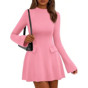 PRETTYGARDEN Women’s Elegant Holiday Short Dress 2026 Fall Bell Long Sleeve Mock Neck Work Business Casual Party Mini Dress(Pink)