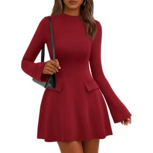 PRETTYGARDEN Women’s Elegant Holiday Short Dress 2026 Fall Bell Long Sleeve Mock Neck Work Business Casual Party Mini Dress(Red)