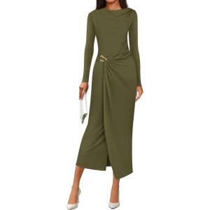 PRETTYGARDEN Women’s Fall Wedding Guest Cocktail Midi Dresses Elegant Long Sleeve Bodycon Ruched Dress 2026 Fashion Clothing(Army Green)