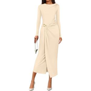 PRETTYGARDEN Women’s Fall Wedding Guest Cocktail Midi Dresses Elegant Long Sleeve Bodycon Ruched Dress 2026 Fashion Clothing(Beige)