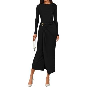 PRETTYGARDEN Women’s Fall Wedding Guest Cocktail Midi Dresses Elegant Long Sleeve Bodycon Ruched Dress 2026 Fashion Clothing(Black)