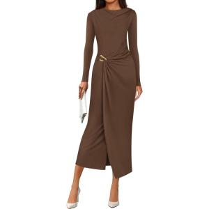 PRETTYGARDEN Women’s Fall Wedding Guest Cocktail Midi Dresses Elegant Long Sleeve Bodycon Ruched Dress 2026 Fashion Clothing(Brown)
