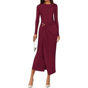 PRETTYGARDEN Women’s Fall Wedding Guest Cocktail Midi Dresses Elegant Long Sleeve Bodycon Ruched Dress 2026 Fashion Clothing(Burgundy)