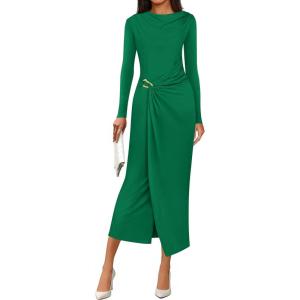 PRETTYGARDEN Women’s Fall Wedding Guest Cocktail Midi Dresses Elegant Long Sleeve Bodycon Ruched Dress 2026 Fashion Clothing(Green)