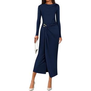 PRETTYGARDEN Women’s Fall Wedding Guest Cocktail Midi Dresses Elegant Long Sleeve Bodycon Ruched Dress 2026 Fashion Clothing(Navy Blue)