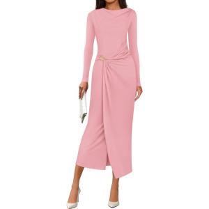 PRETTYGARDEN Women’s Fall Wedding Guest Cocktail Midi Dresses Elegant Long Sleeve Bodycon Ruched Dress 2026 Fashion Clothing(Pink)