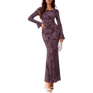 PRETTYGARDEN Women’s Floral Bodycon Maxi Dress 2026 Spring Elegant Mesh Long Sleeve Formal Wedding Guest Cocktail Dresses(Style2-dark Purple Red)
