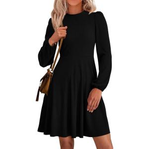 PRETTYGARDEN Womens Long Sleeve Mini Dress 2026 Fall Trendy Crewneck Ribbed Knit Soft A Line Flowy Summer Formal Dresses(Black)