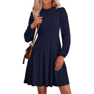 PRETTYGARDEN Womens Long Sleeve Mini Dress 2026 Fall Trendy Crewneck Ribbed Knit Soft A Line Flowy Summer Formal Dresses(Navy Blue)