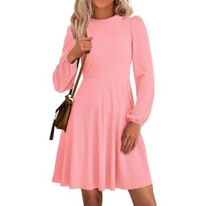 PRETTYGARDEN Womens Long Sleeve Mini Dress 2026 Fall Trendy Crewneck Ribbed Knit Soft A Line Flowy Summer Formal Dresses(Pink)