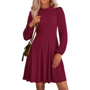 PRETTYGARDEN Womens Long Sleeve Mini Dress 2026 Fall Trendy Crewneck Ribbed Knit Soft A Line Flowy Summer Formal Dresses(Wine Red)