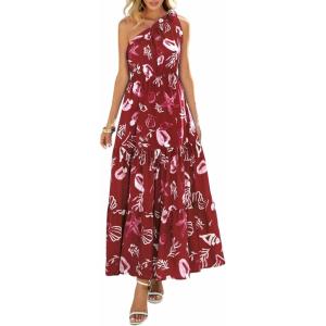 PRETTYGARDEN Women’s Summer Floral One Shoulder Maxi Dress Knot Ruffle Boho Beach Vacation Wedding Guest Long Sun Dresses(Wine Red Print)