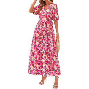 PRETTYGARDEN Women’s Summer Maxi Dress 2026 Resort Wear Boho Floral V Neck Puff Short Sleeve Ruffle Flowy Beach Long Dresses(Floral Pink Yellow)