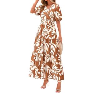 PRETTYGARDEN Women’s Summer Maxi Dress 2026 Resort Wear Boho Floral V Neck Puff Short Sleeve Ruffle Flowy Beach Long Dresses(Khaki)