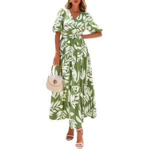 PRETTYGARDEN Women’s Summer Maxi Dress 2026 Resort Wear Boho Floral V Neck Puff Short Sleeve Ruffle Flowy Beach Long Dresses(Leaves Light Green)