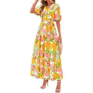 PRETTYGARDEN Women’s Summer Maxi Dress 2026 Resort Wear Boho Floral V Neck Puff Short Sleeve Ruffle Flowy Beach Long Dresses(White Yellow Flower)