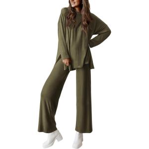 PRETTYGARDEN Women’s Two Piece Lounge Sets Matching Long Sleeve Shirts Wide Leg Pants Tracksuits Travel Outfits Fall Clothes(Army Green)